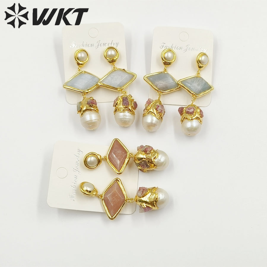 WT-MPE101 Latest Style Freshwater Pearl Aquamarine Sun Stone 18k Gold Plated Gift Weeding Romantic Pendant Earrings