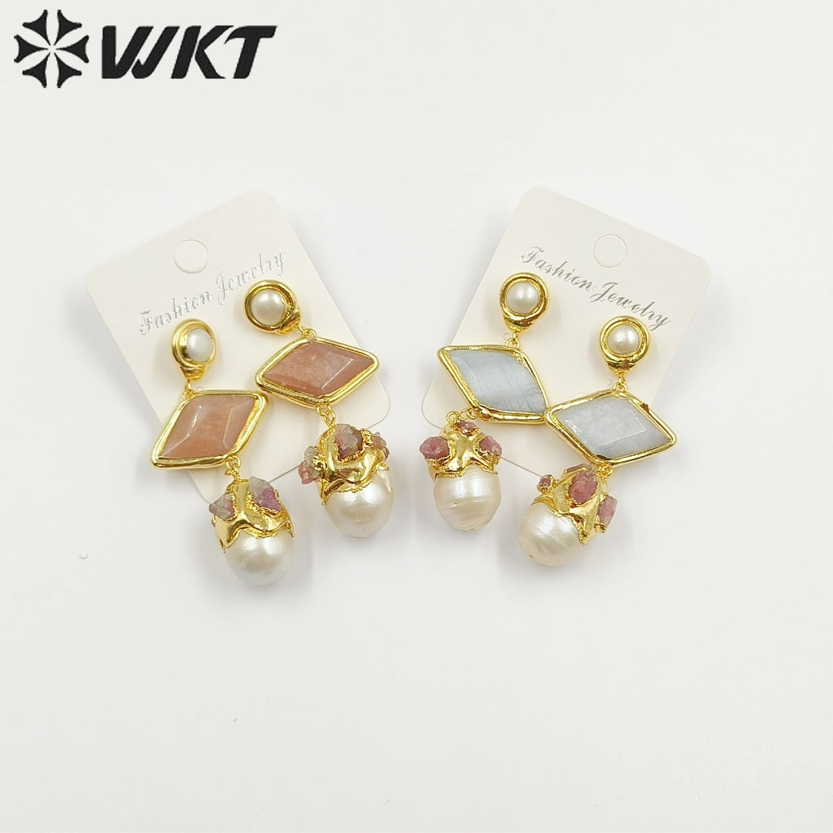 WT-MPE101 Latest Style Freshwater Pearl Aquamarine Sun Stone 18k Gold Plated Gift Weeding Romantic Pendant Earrings