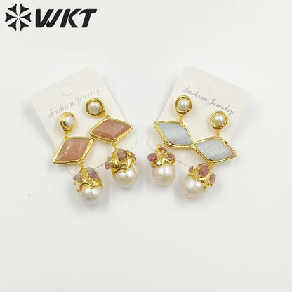 WT-MPE101 Latest Style Freshwater Pearl Aquamarine Sun Stone 18k Gold Plated Gift Weeding Romantic Pendant Earrings