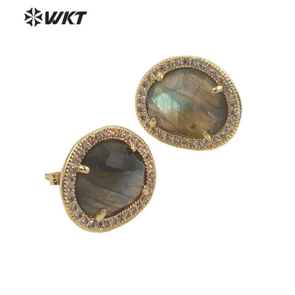 WT-ME085 WKT Natural Gemstone With Micropaved Cubic Zircon Studs Precious Birthday Stone Studs for Friend Gift
