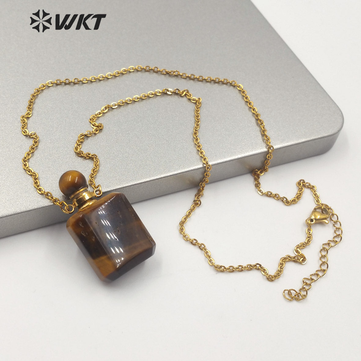 WT-N1190 New Exclusive Design Natural Gemstone Perfume Bottle Necklace in 18k Gold Plated Stylish Perfume Bottle Necklace