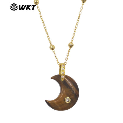 WT-N1530 Factory Wholesale Multiple Natural Gemstones Moon Shape Gold Little Pendants Necklaces For Lady Birthday Gifts