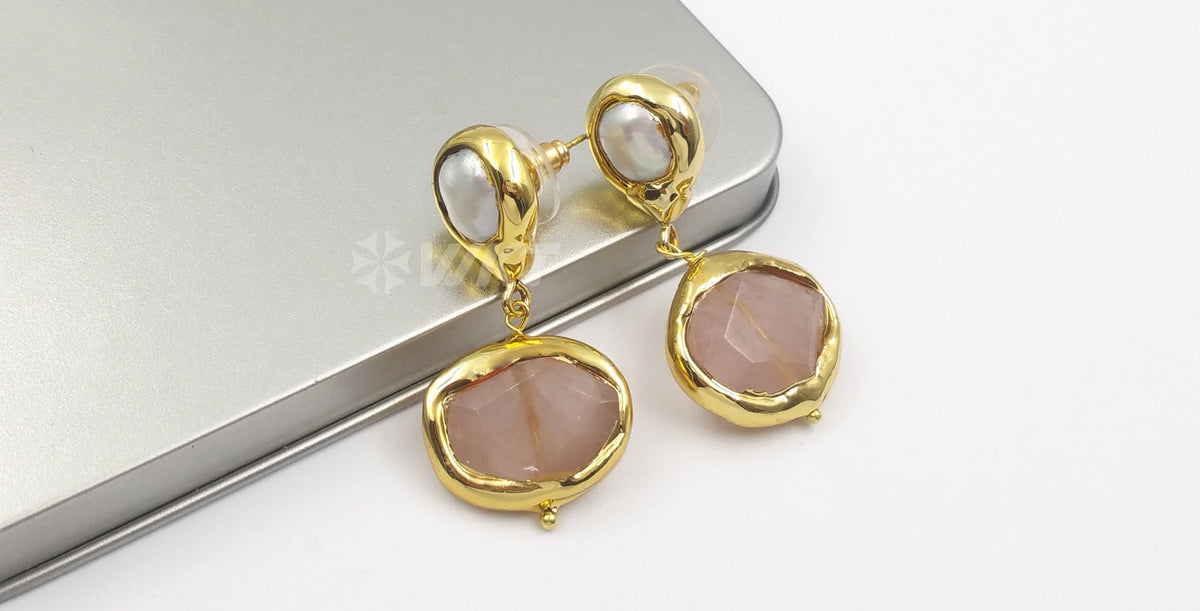 WT-E481 New Design of Female Elegant Freshwater Pearl Stone Jewelry Earrings Rose Quartz/Amazonite/Yellow Citrine Drop Earrings