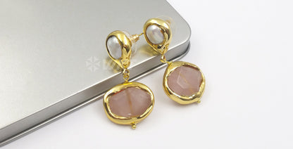 WT-E481 New Design of Female Elegant Freshwater Pearl Stone Jewelry Earrings Rose Quartz/Amazonite/Yellow Citrine Drop Earrings