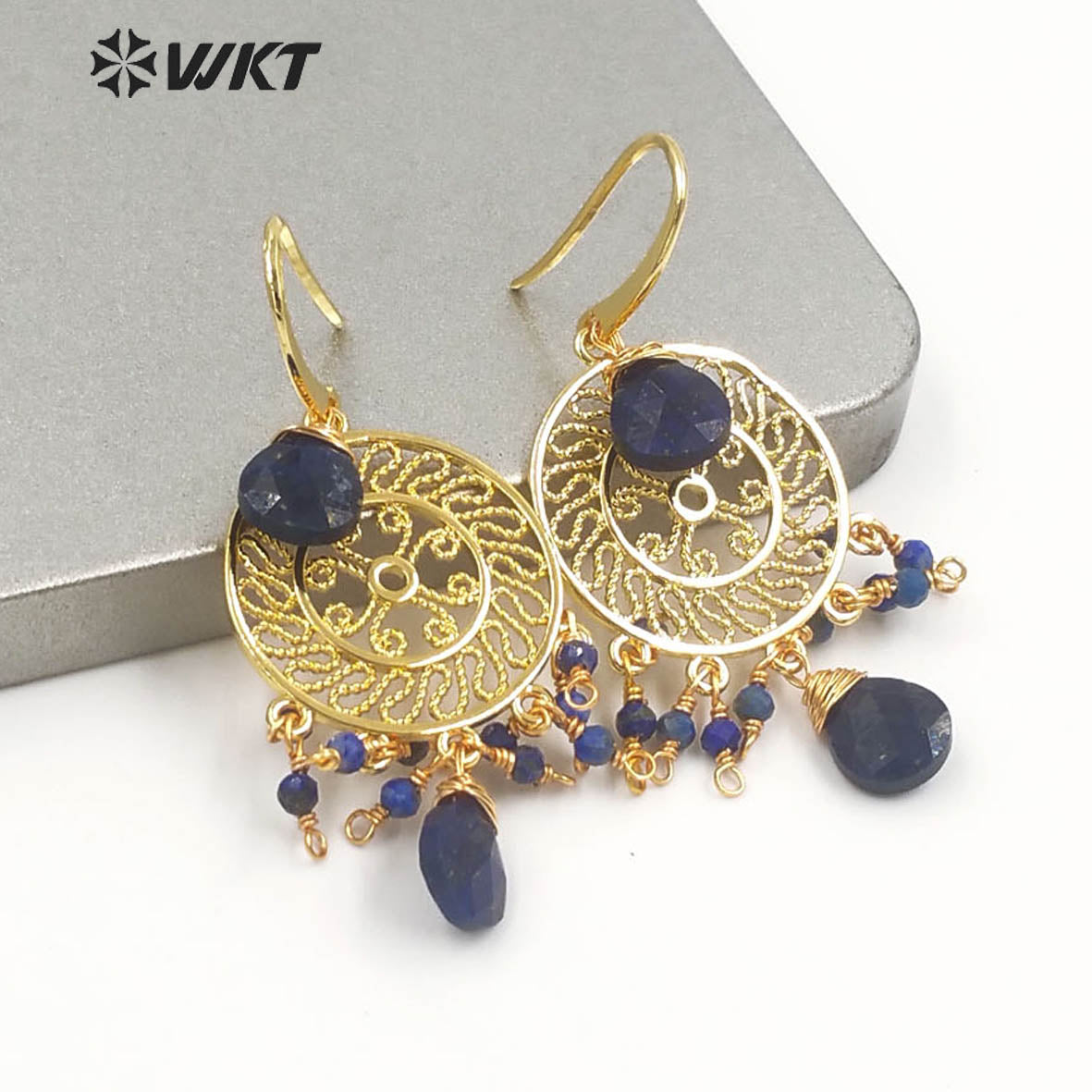 WT-E695 Bohemia Fashion Gold Gypsy Earrings with Natural Gemstone Made Dangle Earrings Handmade DIY Stone Hoop Earrings