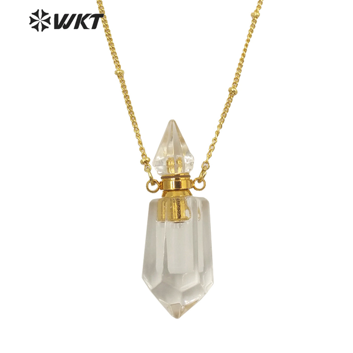 WT-N1284 Fashion Gold Plated Double Loops Natural Spirit Quartz Point Stone Perfume Bottle Necklace or Essencial Oil Necklace