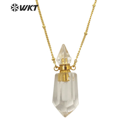 WT-N1284 Fashion Gold Plated Double Loops Natural Spirit Quartz Point Stone Perfume Bottle Necklace or Essencial Oil Necklace