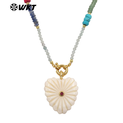 WT-JN404 Popular Fashion Style Natural Gemstone Beads Chain With White Shell Heart Pendants Necklaces For Girls Wearing