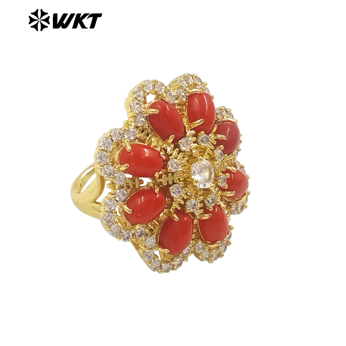 WT-R542 Wholesale Fashion Gold Micro Pave Cubic Zircon With Natural Gemstone Setting Beautiful Women Flower Ring