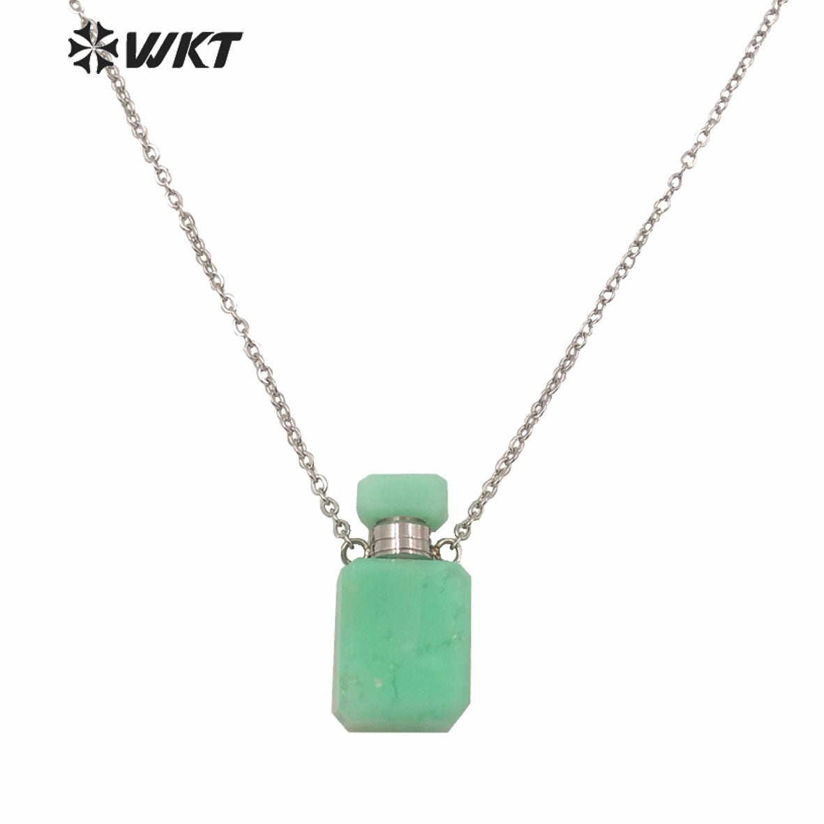WT-N1240 WKT New Design Small Size Stainless Steel Chain Stone Bottle Necklace Mini square Steel France Perfume Bottle Necklace