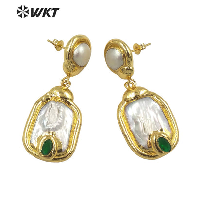 WT-MPE113 European and American Retro Exaggerated Inlaid with Natural Freshwater Pearl Pendant Earrings