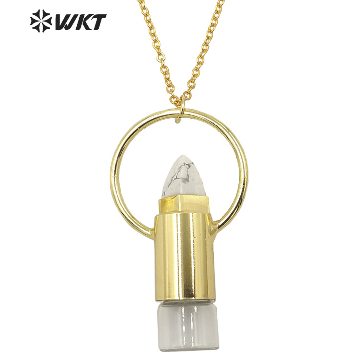 WT-N1295 WKT Women Bohemian Style Gold Plated Roll Gemstone Perfume Bottle Necklace Big Healing Stone Quartz Perfume Bottle