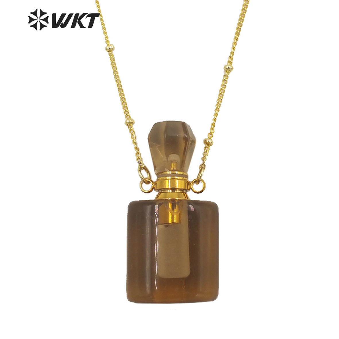 WT-N1285 Wholesale Gold Plated Natural Stone Rose Quartz square Essencial Oil Bottle Necklace Double Loop Perfume Necklace