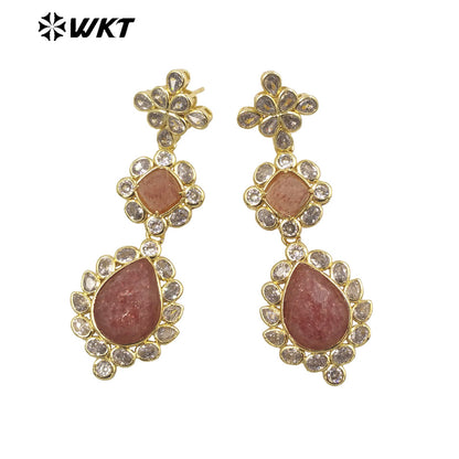 WT-ME088 WKT New Design 18K Real Gold Plated Multi Kinds of Gemstone Earrings Natural Lapis Drop Long Stone Studs for Gift