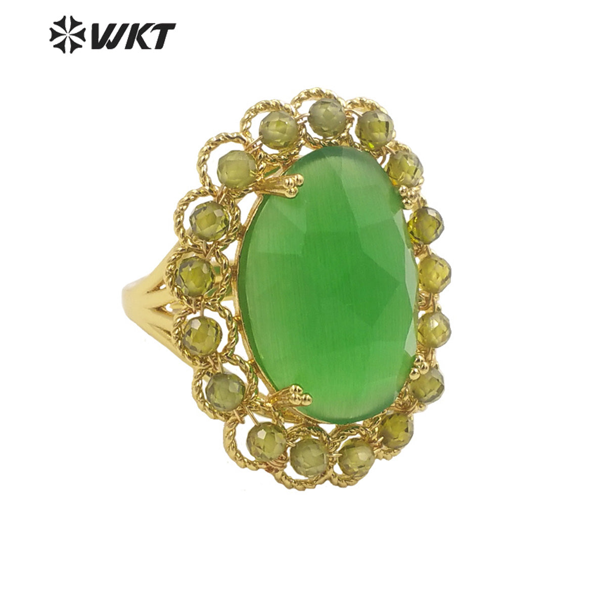 WT-R459 WKT Wholesale New Women 18k Gold Plated Resist Tarnishable Oval Cat Eye Stone Ring Charming Stone Beads Beauty Ring