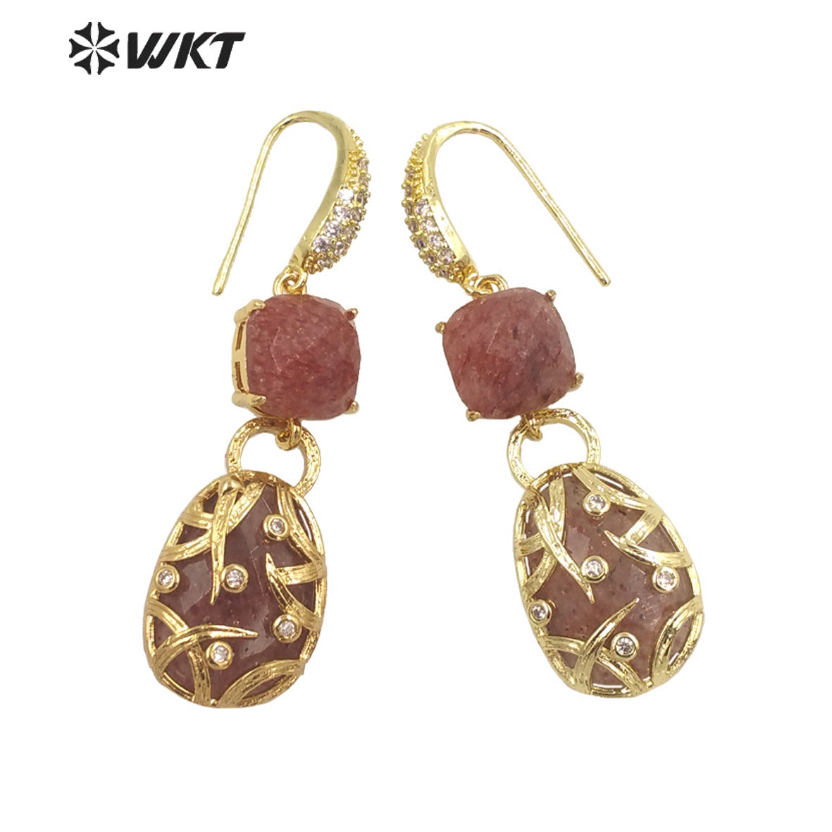 WT-E691 Fashion Double Stone Handmade Claw Setting Bezel Earrings Women Delicate Long Hoop Amethyst Stone Earrings
