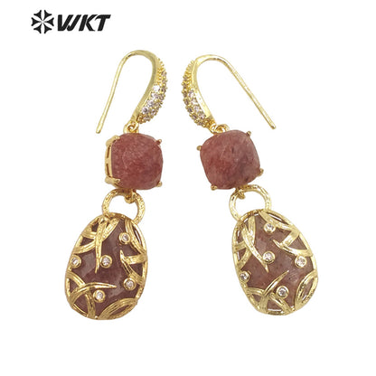 WT-E691 Fashion Double Stone Handmade Claw Setting Bezel Earrings Women Delicate Long Hoop Amethyst Stone Earrings
