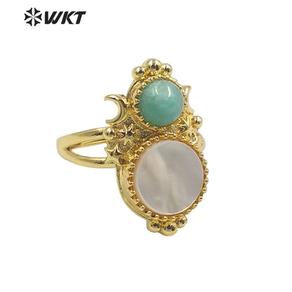 WT-R477 New Design Vintage Gemstone Ring With Pearl Charms Women Fashion Gold Plated Peacock Stone Ring Boho Charming Ring