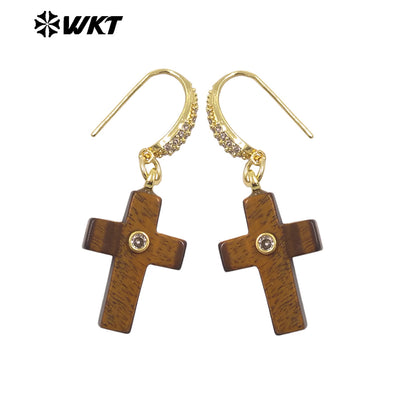 WT-E819 Popular Fashionable Zircon And Natural Gemstones Cross Design Gold Earrings As Female Wedding Matching Jewelry