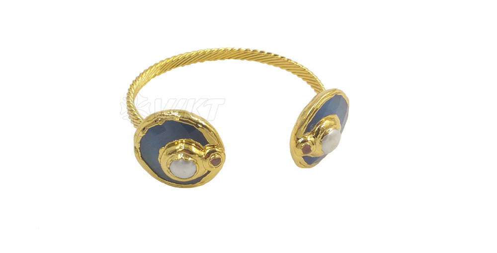 WT-B616 Wholesale Fashion Double Cat Eye Stone Bangle 18k Real Gold Plated Resist Tarnishable Pearl Charm Bangle