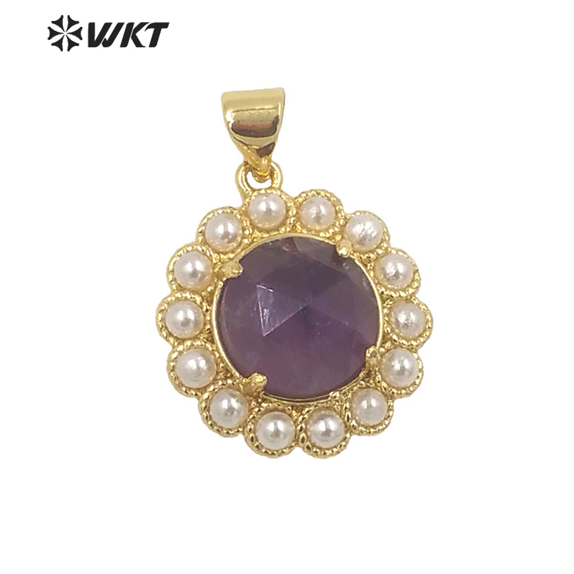 WT-JP358 Wholesale Fashion Gold Plated Stone With Claw Setting Artificial Shell Pearl Around Labradorite Gemstone Pendants