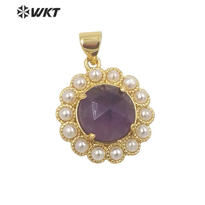 WT-JP358 Wholesale Fashion Gold Plated Stone With Claw Setting Artificial Shell Pearl Around Labradorite Gemstone Pendants
