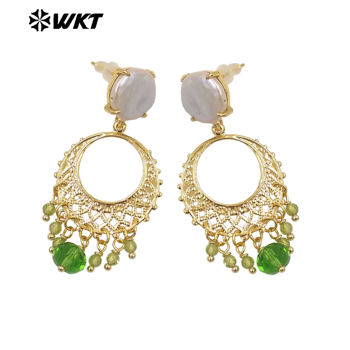 WT-MPE133 Stunning Colorful 18K Real Gold Plated Long Dangle Hand Made Claw Setting Charming Freshwater Pearl Stud Earrings