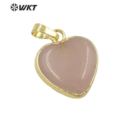 WT-P1700 Wholesale Lady Lovely Natural Gemstone Small Heart Pendant Gold Electroplated Rose Quartz 20mm Gold Stone Heart Charms