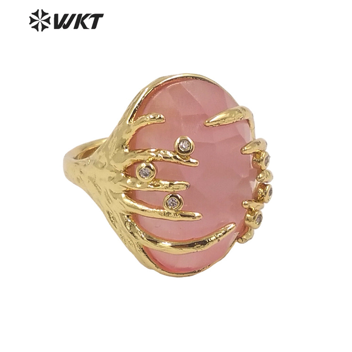 WT-R453 Wholesale Fashion Gold Bezel Claw Setting Oval Stone Ring Women Unique Trendy Cat Eye Stone Made Jewelry Party Ring