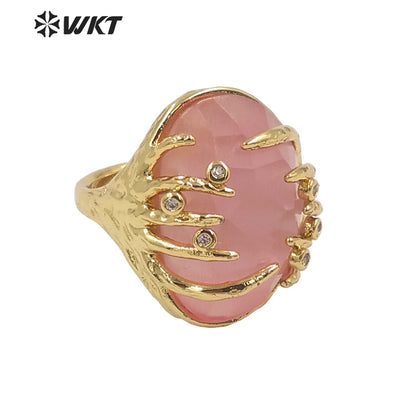 WT-R453 Wholesale Fashion Gold Bezel Claw Setting Oval Stone Ring Women Unique Trendy Cat Eye Stone Made Jewelry Party Ring
