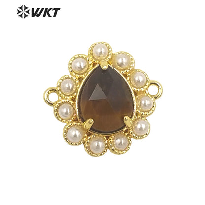 WT-PC008 Delicate Fashion 18K Real Gold Plated Resist Tarnishable Gemstone Carved Drop Pearl Connectors