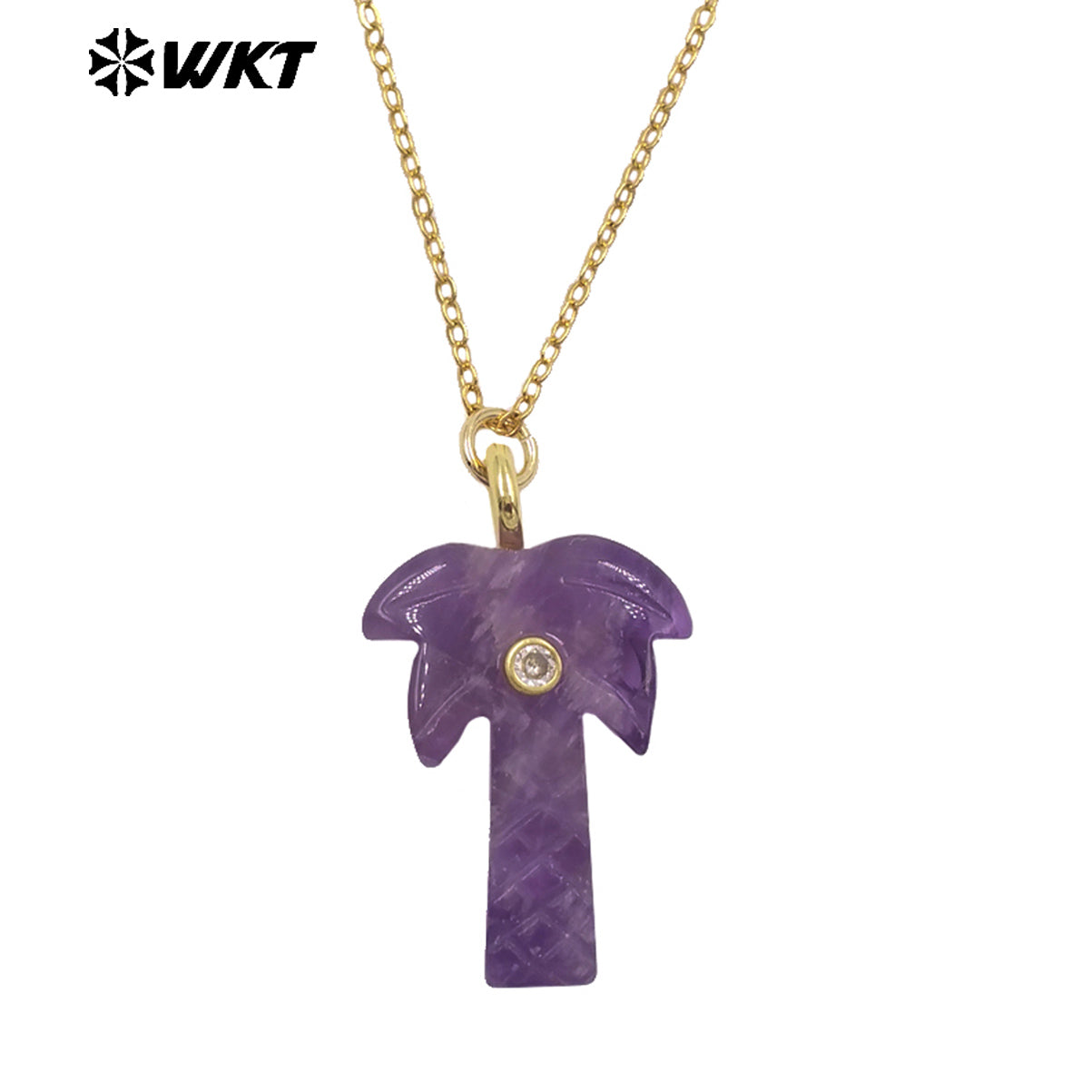WT-N1534 Amazing Various Natural Gemstones Carved Coconut Trees Shape Charms Gold Necklaces For Women Fashionable Jewelry