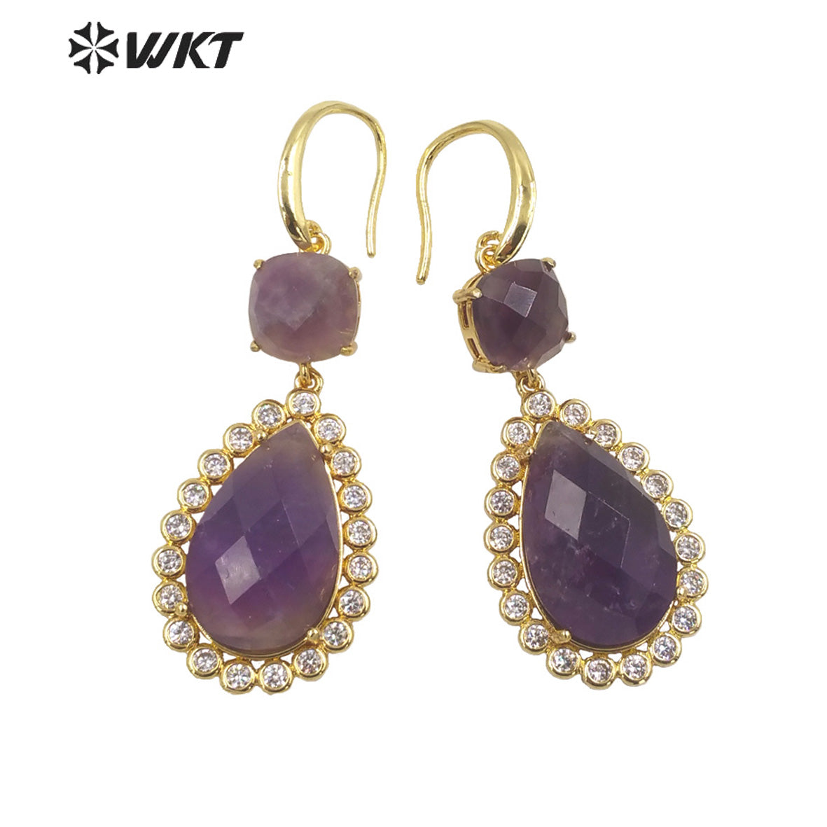 WT-E697 Wholesale Fashion Micropaved Cubic Zircon Setting Stone Earrings Attractive Long Drop Gemstone Hoop Earrings for Gift