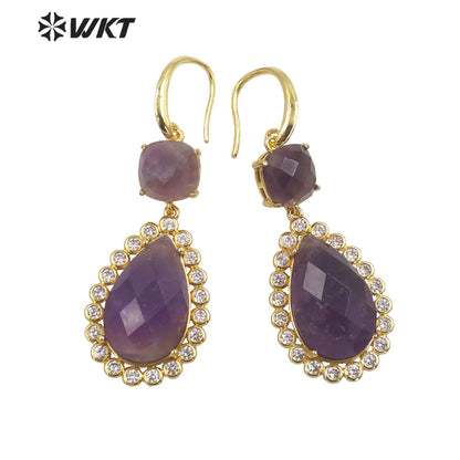 WT-E697 Wholesale Fashion Micropaved Cubic Zircon Setting Stone Earrings Attractive Long Drop Gemstone Hoop Earrings for Gift