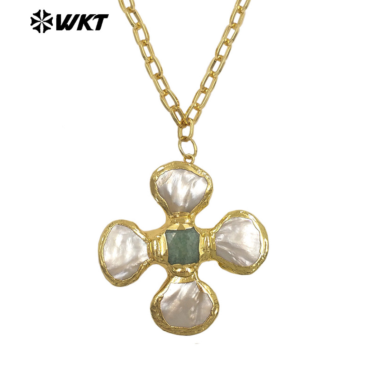 WT-JN346 Popular 18K Gold Plated Natural Turquoise Amethyst Stones And Shell Flower Shape Pendant Necklace As Party Jewelry
