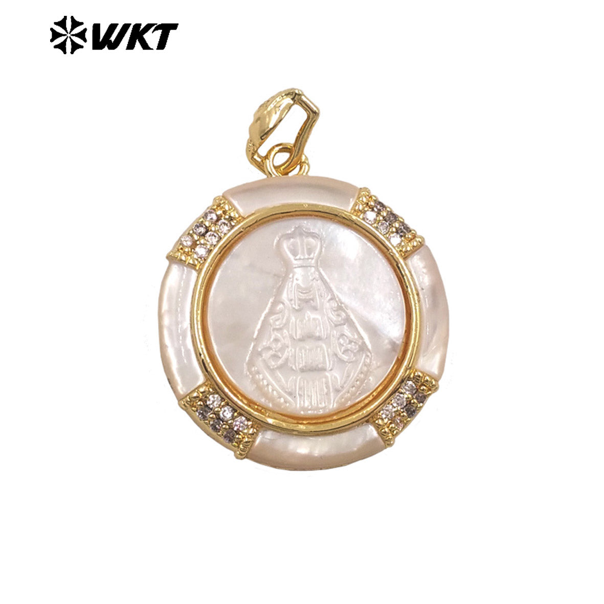 WT-JP468 Minimalist 18K Gold Plated Zircon And Natural Shell Round Religious Styles Pendants For Fashion Necklace Making