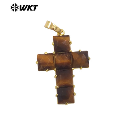 WT-P2113 Wonderful Gold Plated Square Natural Gemstones Splicing Cross Shape Pendants As Friend Handmade Jewelry Gift Findings