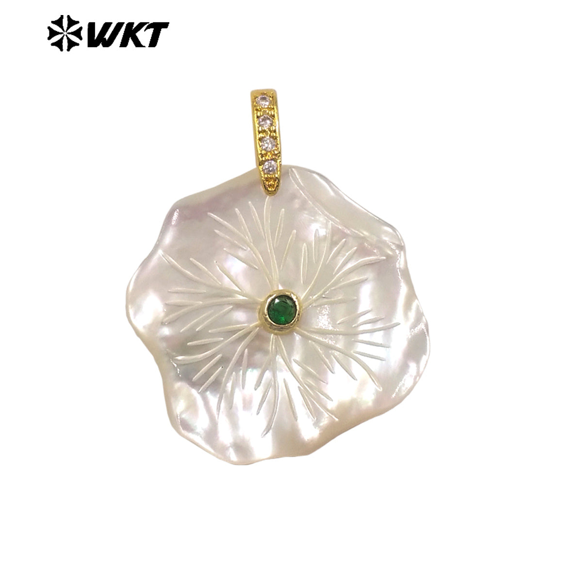 WT-JP524 Unique Fashionable Zircon And Irregular Mother Of Pearl Gold Charms Flower Pendants As Women Necklace Decoration