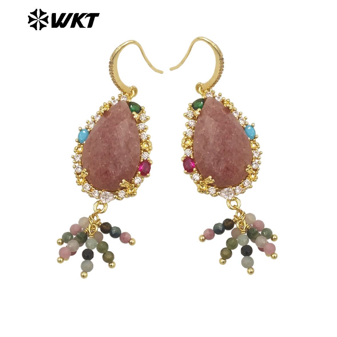 WT-ME107 WKT New Design Most Popular Handmade Wire Wrapped Tiny Beads Dangle Drop Stone Earring With Hoop Gold Party Studs