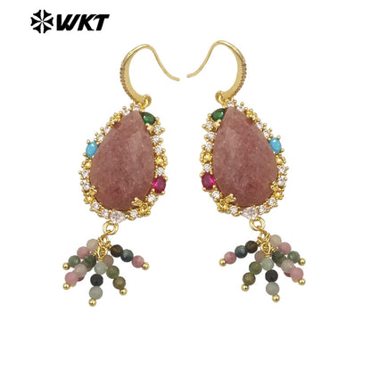 WT-ME107 WKT New Design Most Popular Handmade Wire Wrapped Tiny Beads Dangle Drop Stone Earring With Hoop Gold Party Studs