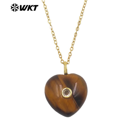 WT-N1531 Romantic Sweet Style Natural Gemstones Heart Shape Gold Charms Necklaces For Dance Party Matching Accessories