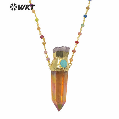 WT-N1252 Wholesale Gold Electroplated Natural Aura Spirit Quartz Necklace Women Fashion Chunky Crystal Point Quartz Necklace