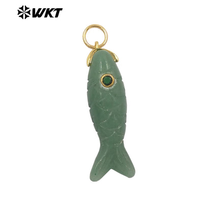 WT-P2069 Cute Design Zircon And Natural Gemstones Hand Carved Fish Shape Little Pendants For Lady Jewelry DIY Accessory