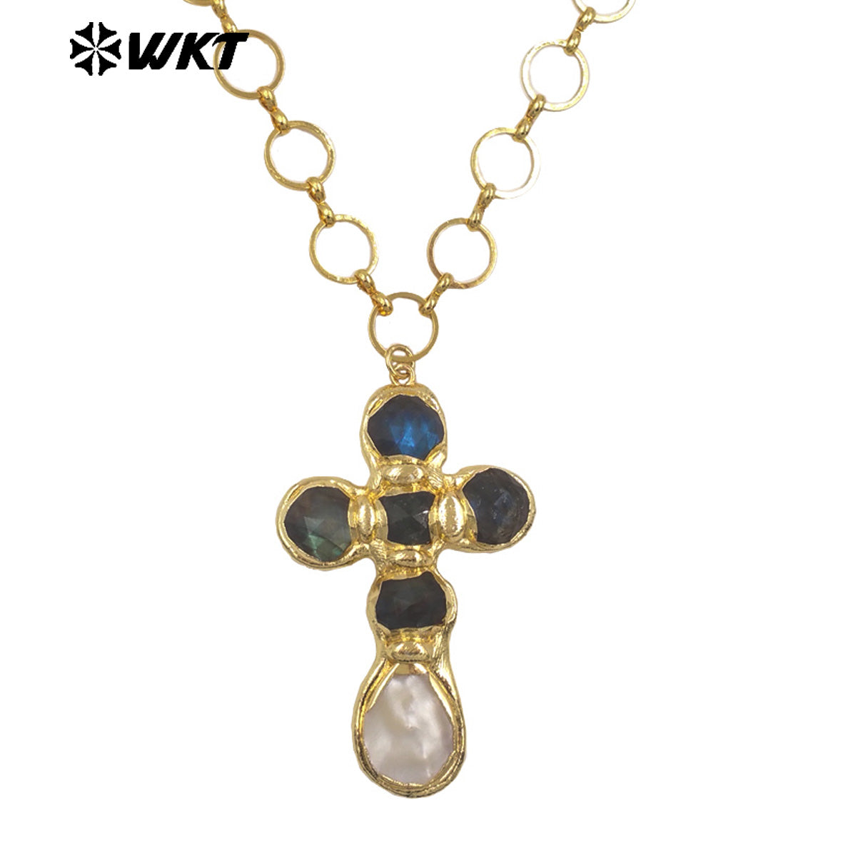 WT-JN374 Factory Wholesale Metal Chain With Natural Gemstone And White Shell Cross Pendant Necklace As Girl Daily Jewelry