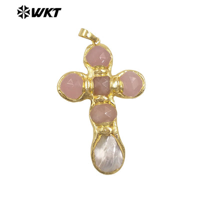 WT-JP449 Newest Labradorite Natural Stones And White Shell Spliced 18K Gold Plated Cross Pendants As Unique Jewelry Gift