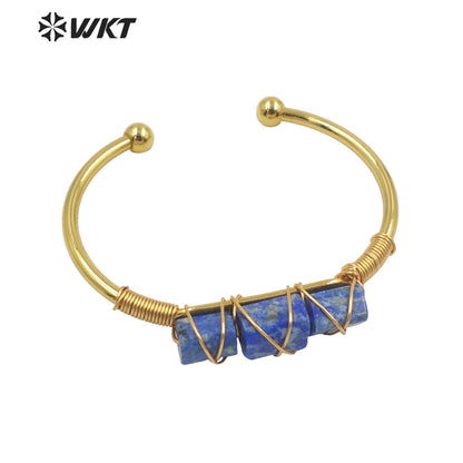 WT-B615 Wholesale New Women Handmade Wire Wrapped Natural Gemstone Cuff Bangle in Open Size Boho Stone Bangle for Friends