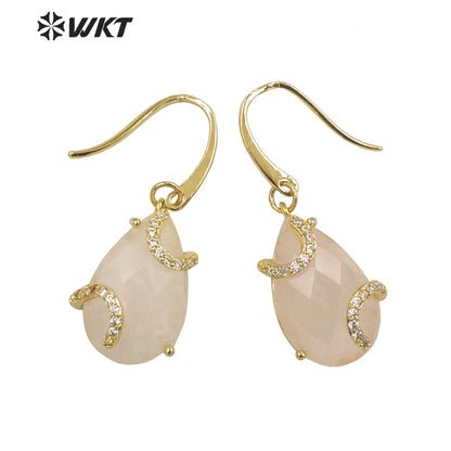 WT-E688 Wholesale Fashion Gold Prong Setting Natural Teardrop Stone Earrings Gorgeous Faceted Gemstone Micropaved Pear Earrings