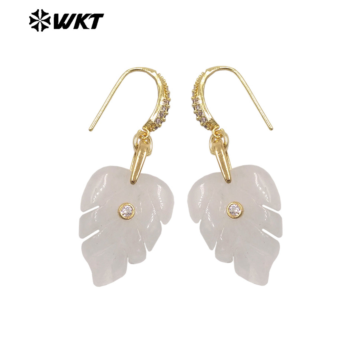 WT-E829 Wholesale Popular Zircon And Colorful Natural Gemstones Carved Leaf Shape Gold Earrings For Women Lovely Jewelry