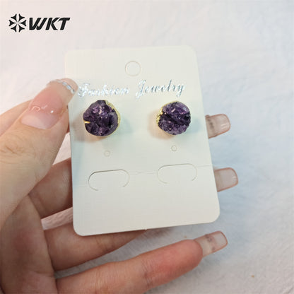 WT-E074 NEW Tiny Round Druzy Earrings Druzy Stud Earrings, Gold Plated Drusy Earrings, Amethyst Druzy Stud Earrings