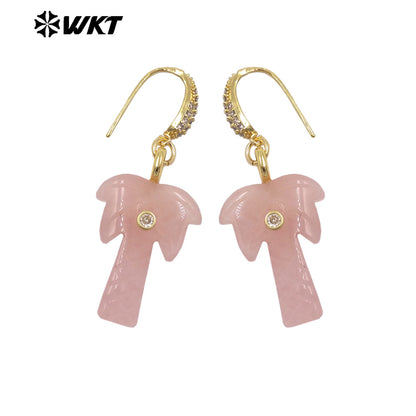 WT-E814 Beautiful Various Natural Gemstones Coconut Tree Shape Gold Pendant Earrings For Girls Summer Matching Jewelry